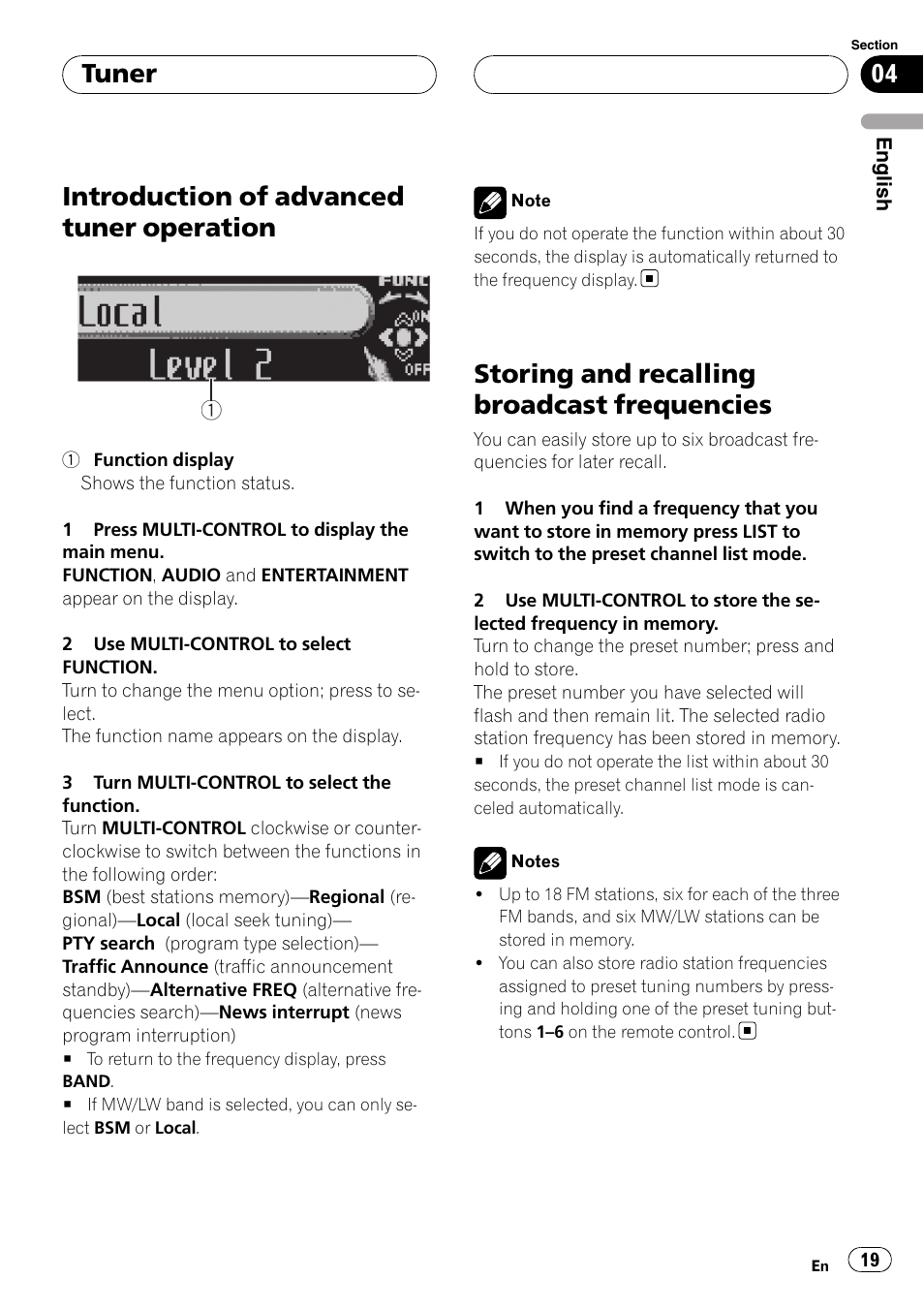 Introduction of advanced tuner, Operation, Storing and recalling broadcast | Frequencies, Introduction of advanced tuner operation, Storing and recalling broadcast frequencies, Tuner | Pioneer DEH-P75BT User Manual | Page 19 / 207