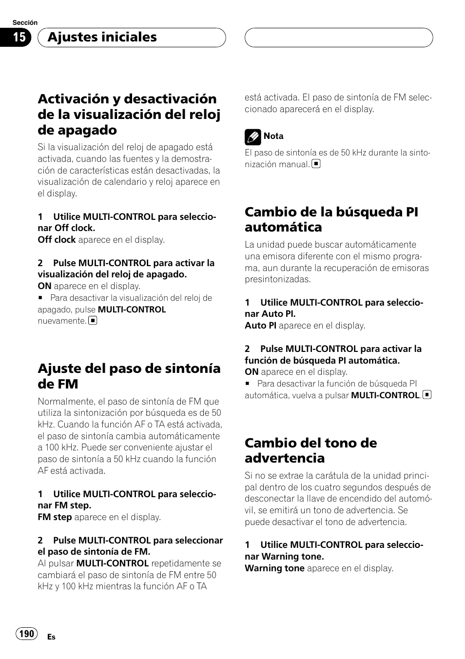 Activación y desactivación de la visualización, Del reloj de apagado, Ajuste del paso de sintonía de fm | Cambio de la búsqueda pi automática, Cambio del tono de advertencia, Ajustes iniciales | Pioneer DEH-P75BT User Manual | Page 190 / 207