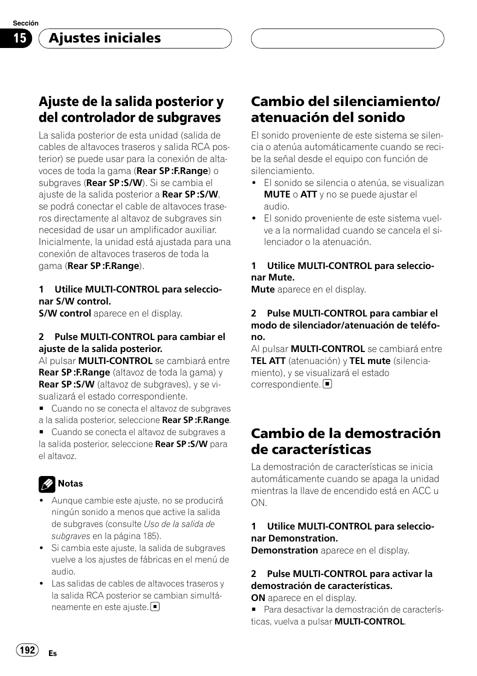Ajuste de la salida posterior y del controlador, De subgraves, Cambio del silenciamiento/atenuación del | Sonido, Cambio de la demostración de, Características, Cambio del silenciamiento/ atenuación del sonido, Cambio de la demostración de características, Ajustes iniciales | Pioneer DEH-P75BT User Manual | Page 192 / 207