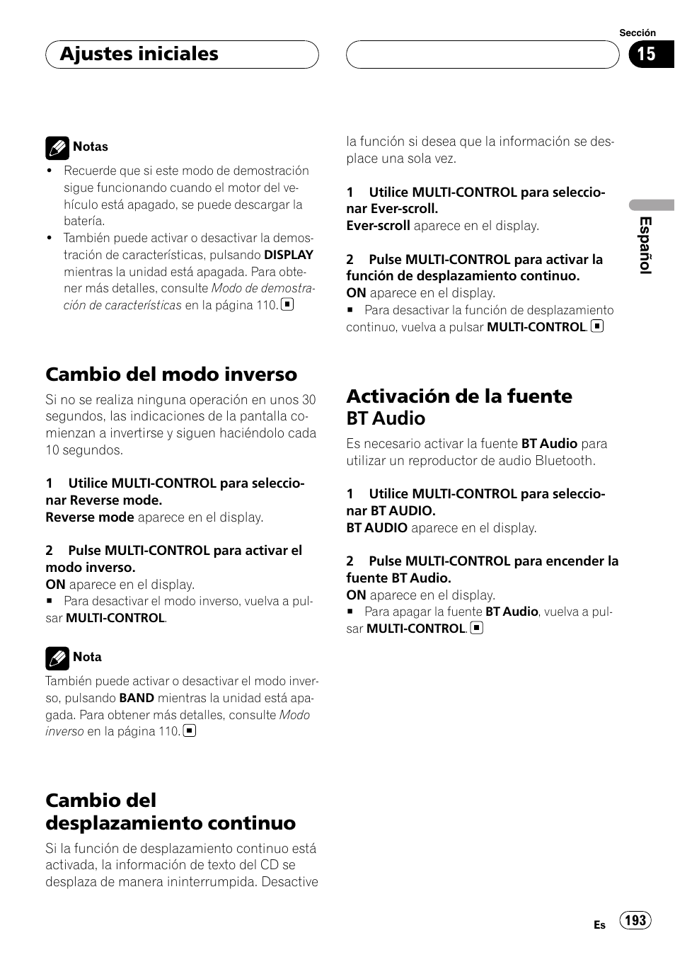 Cambio del modo inverso, Cambio del desplazamiento continuo, Activación de la fuente bt audio | Activación de la fuente, Bt audio en la, Ajustes iniciales | Pioneer DEH-P75BT User Manual | Page 193 / 207