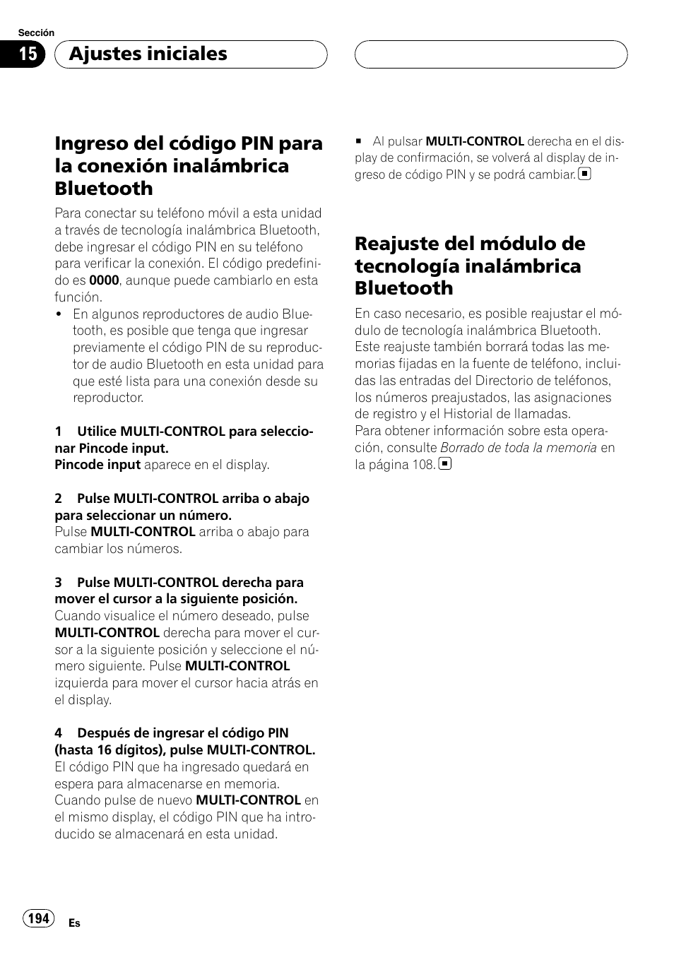 Ingreso del código pin para la conexión, Inalámbrica bluetooth, Reajuste del módulo de tecnología | Ajustes iniciales | Pioneer DEH-P75BT User Manual | Page 194 / 207