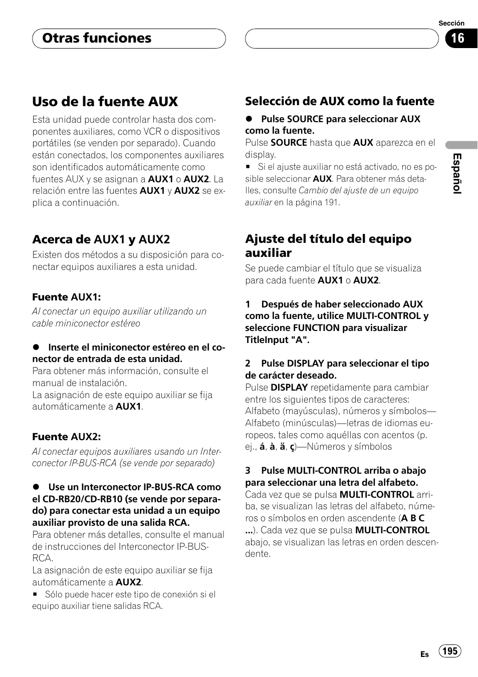 Otras funciones uso de la fuente aux, Acerca de aux1 y aux2 195, Selección de aux como la fuente 195 | Ajuste del título del equipo, Auxiliar, Uso de la fuente aux, Otras funciones, Acerca de aux1 y aux2, Selección de aux como la fuente, Ajuste del título del equipo auxiliar | Pioneer DEH-P75BT User Manual | Page 195 / 207