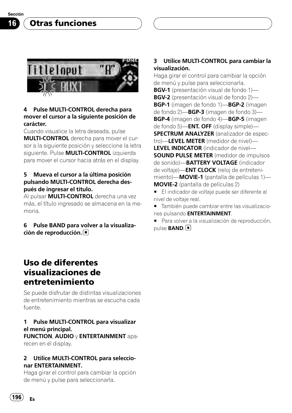 Uso de diferentes visualizaciones de, Entretenimiento, Otras funciones | Pioneer DEH-P75BT User Manual | Page 196 / 207