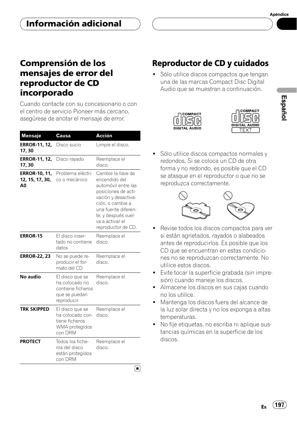 Reproductor de cd incorporado, Reproductor de cd y cuidados, Información adicional | Español | Pioneer DEH-P75BT User Manual | Page 197 / 207