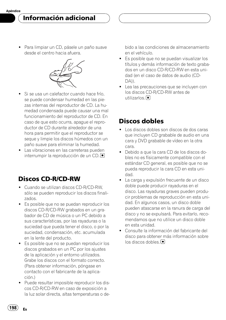 Discos cd-r/cd-rw, Discos dobles, Información adicional | Pioneer DEH-P75BT User Manual | Page 198 / 207