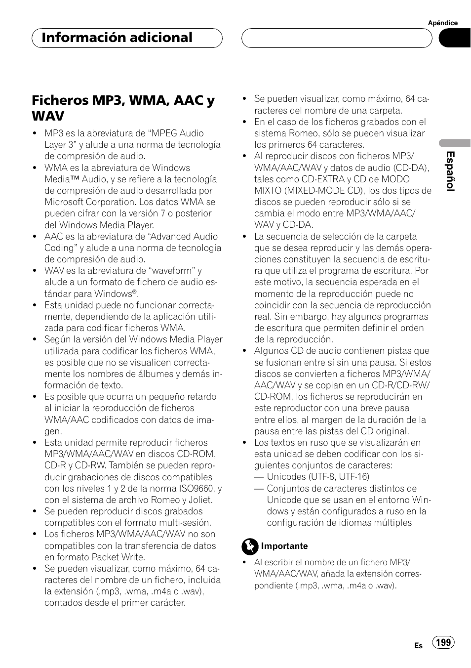 Ficheros mp3, wma, aac y wav, Información adicional | Pioneer DEH-P75BT User Manual | Page 199 / 207