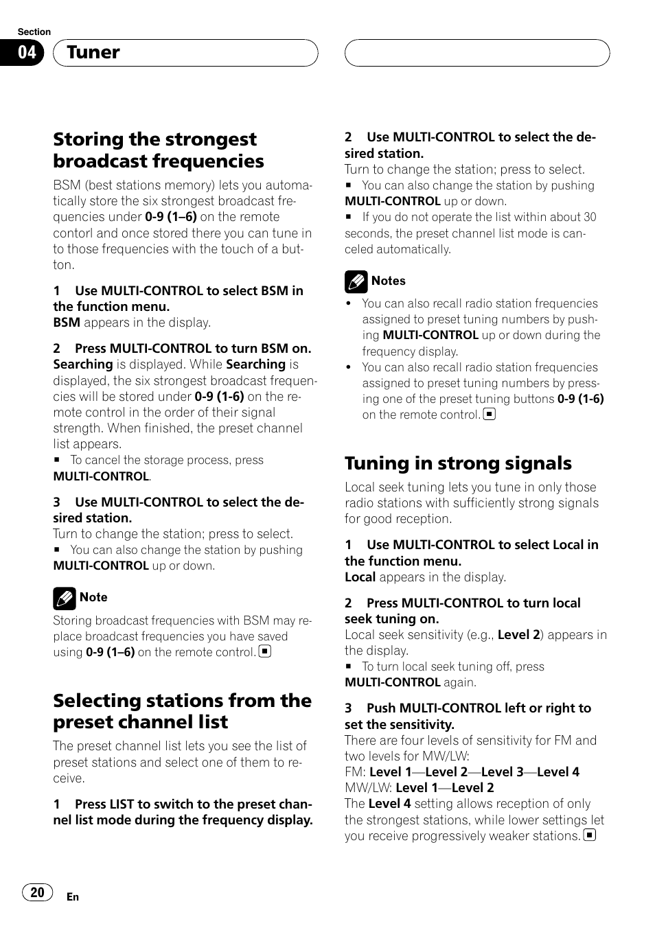 Storing the strongest broadcast, Frequencies, Selecting stations from the preset channel | List, Tuning in strong signals, Storing the strongest broadcast frequencies, Selecting stations from the preset channel list, Tuner | Pioneer DEH-P75BT User Manual | Page 20 / 207