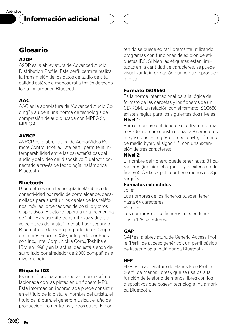 Glosario, Información adicional | Pioneer DEH-P75BT User Manual | Page 202 / 207