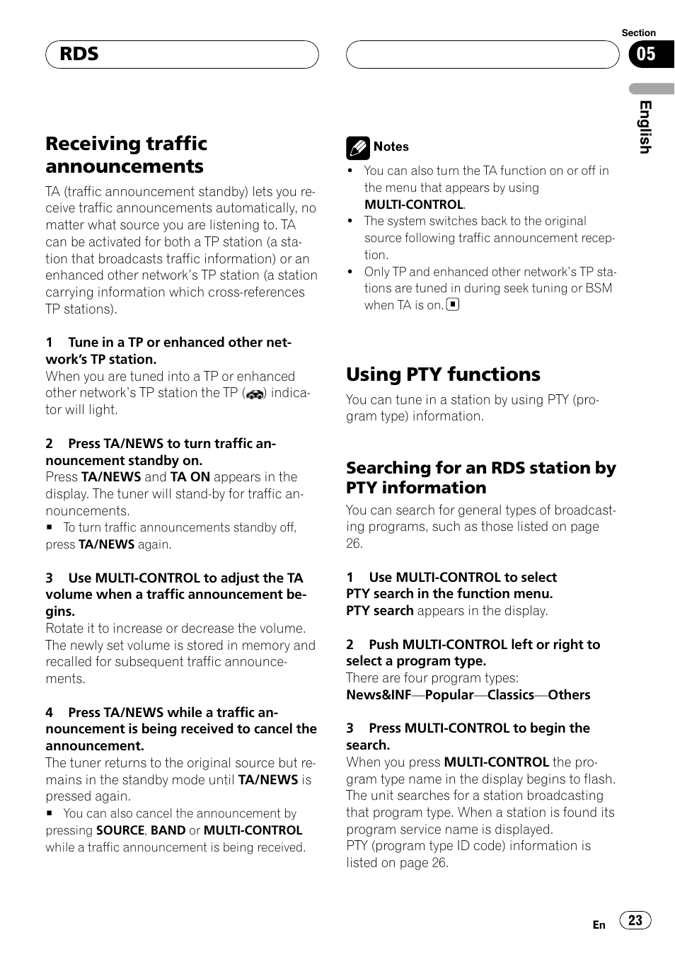 Receiving traffic announcements, Using pty functions, Searching for an rds station by pty | Information, Searching for an rds station by pty information | Pioneer DEH-P75BT User Manual | Page 23 / 207
