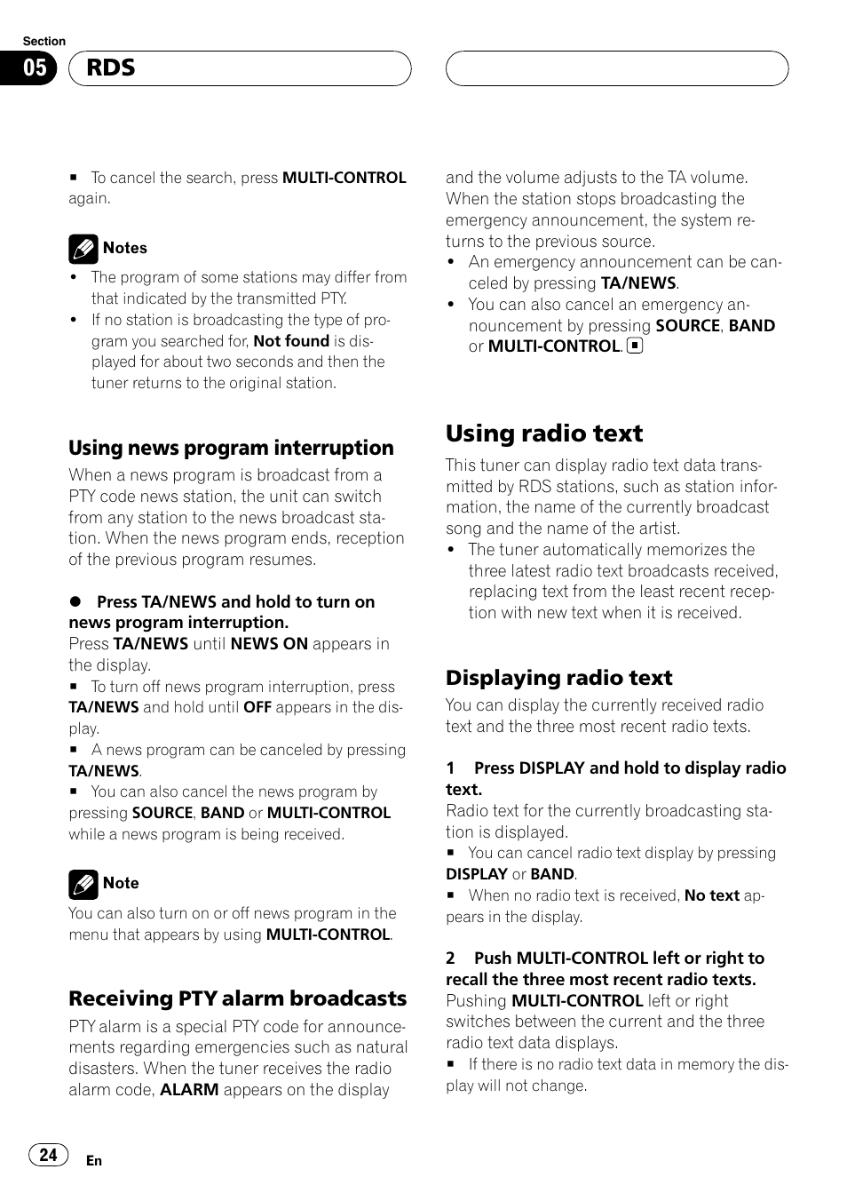 Using news program interruption 24, Receiving pty alarm broadcasts 24, Using radio text | Displaying radio text 24, Using news program interruption, Receiving pty alarm broadcasts, Displaying radio text | Pioneer DEH-P75BT User Manual | Page 24 / 207