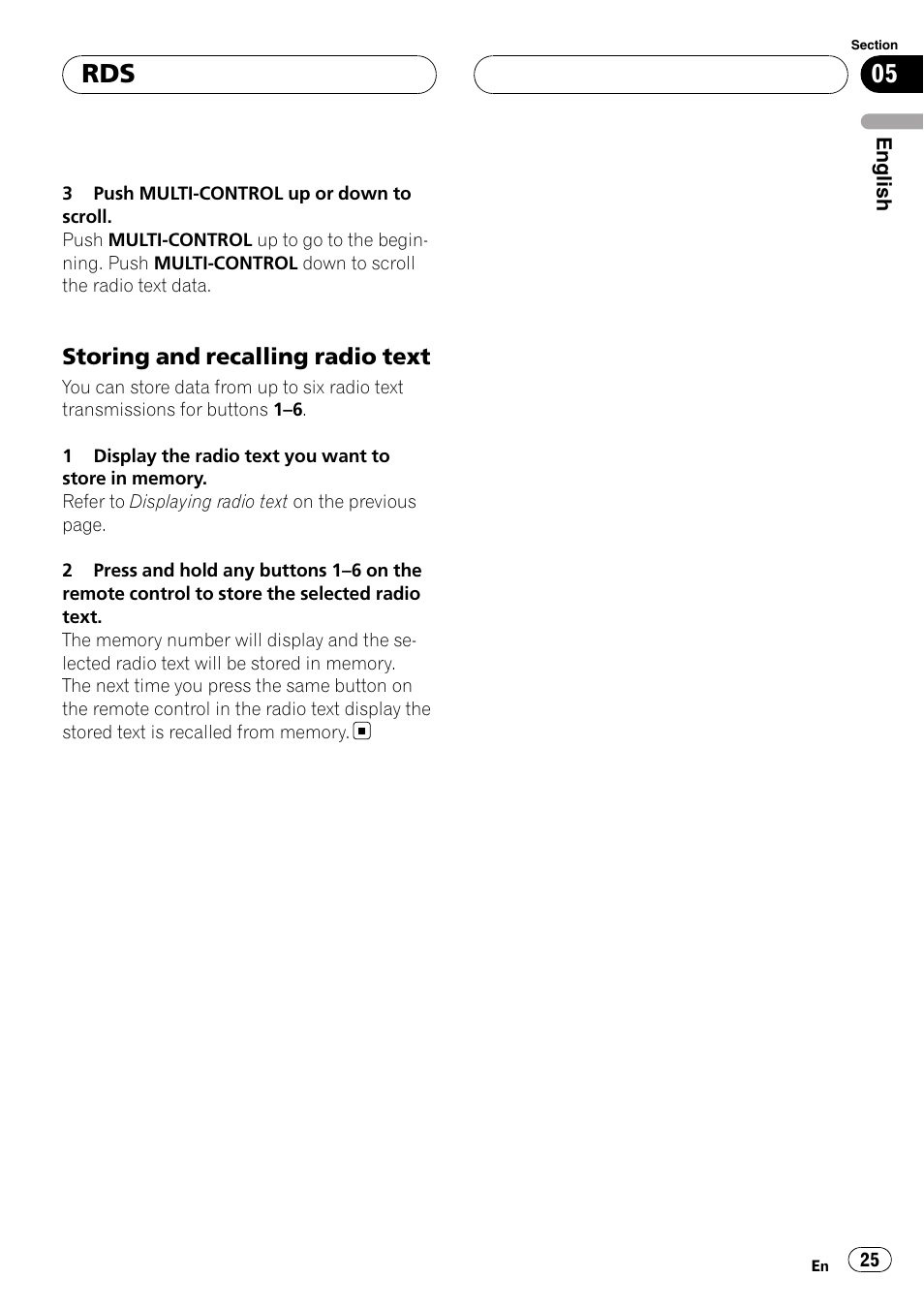 Storing and recalling radio text 25, Storing and recalling radio text | Pioneer DEH-P75BT User Manual | Page 25 / 207