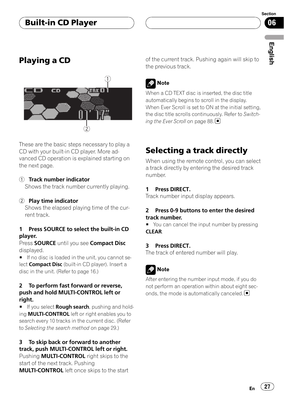 Built-in cd player playing a cd, Selecting a track directly, Playing a cd | Built-in cd player | Pioneer DEH-P75BT User Manual | Page 27 / 207