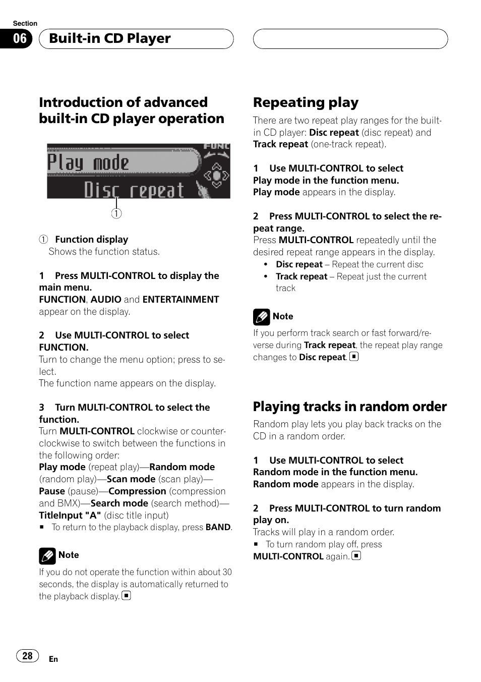Introduction of advanced built-in cd player, Operation, Repeating play | Playing tracks in random order, Built-in cd player | Pioneer DEH-P75BT User Manual | Page 28 / 207