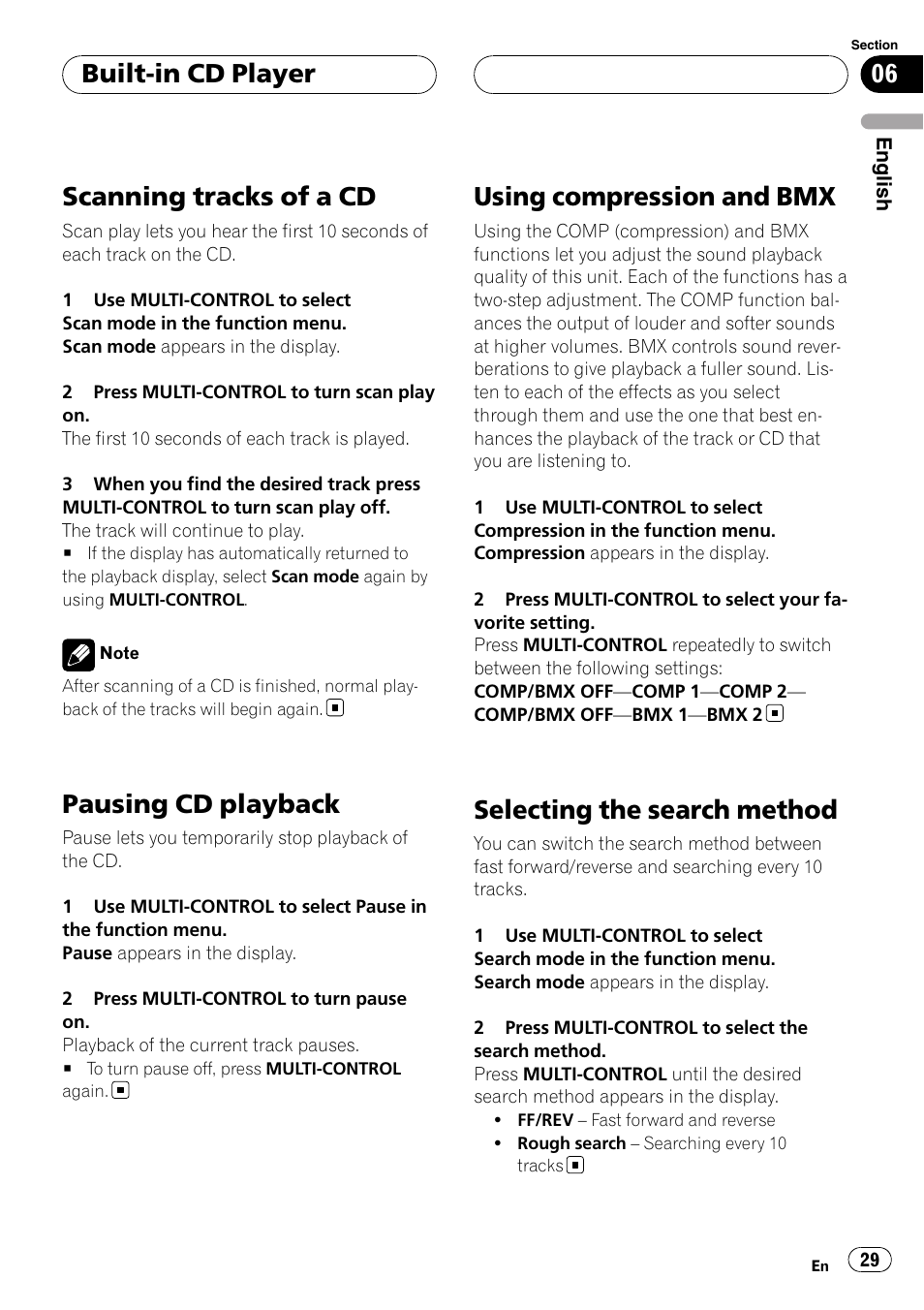 Scanning tracks of a cd, Pausing cd playback, Using compression and bmx | Selecting the search method, Built-in cd player | Pioneer DEH-P75BT User Manual | Page 29 / 207