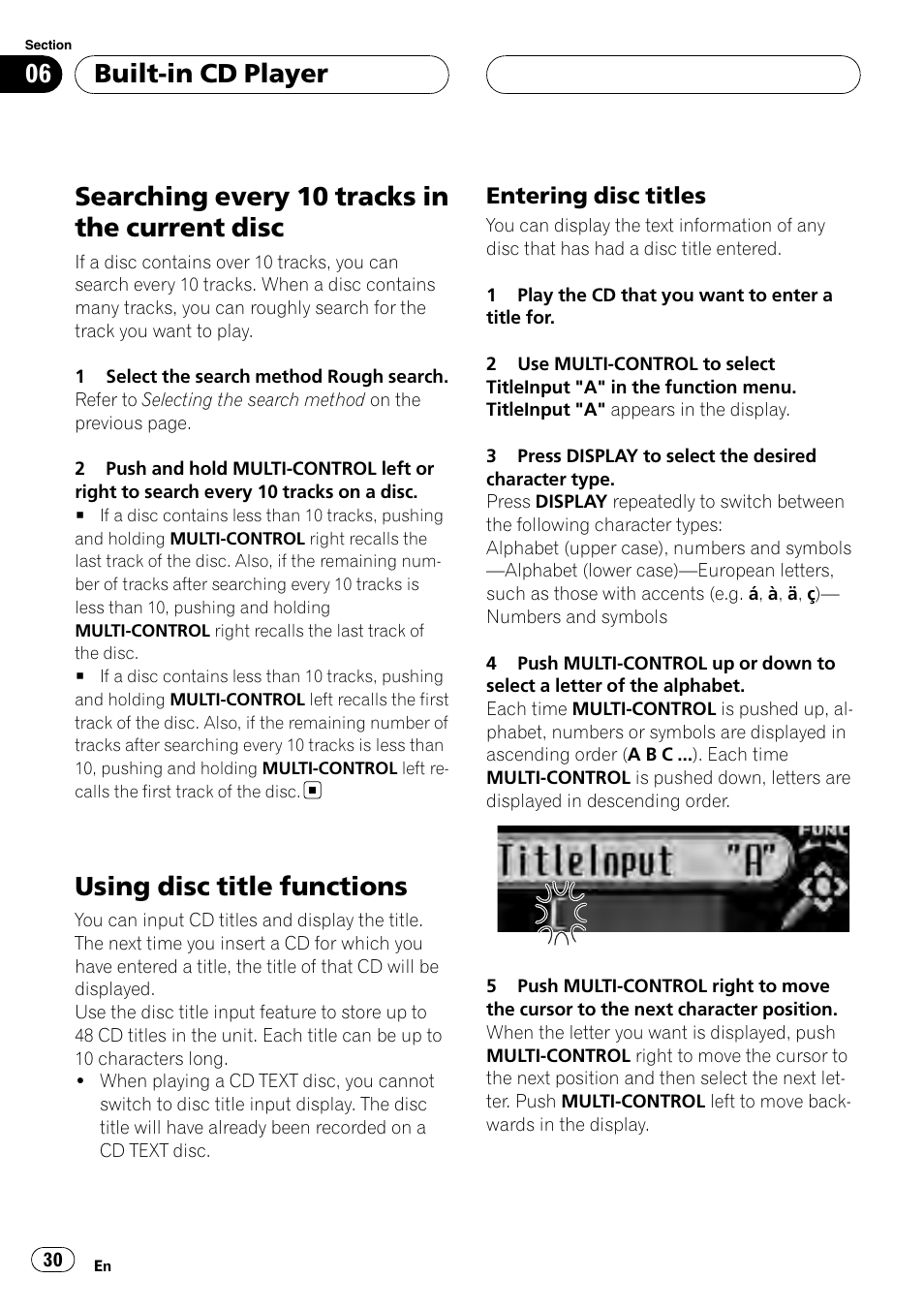 Searching every 10 tracks in the current, Disc, Using disc title functions | Entering disc titles 30, Searching every 10 tracks in the current disc, Built-in cd player, Entering disc titles | Pioneer DEH-P75BT User Manual | Page 30 / 207