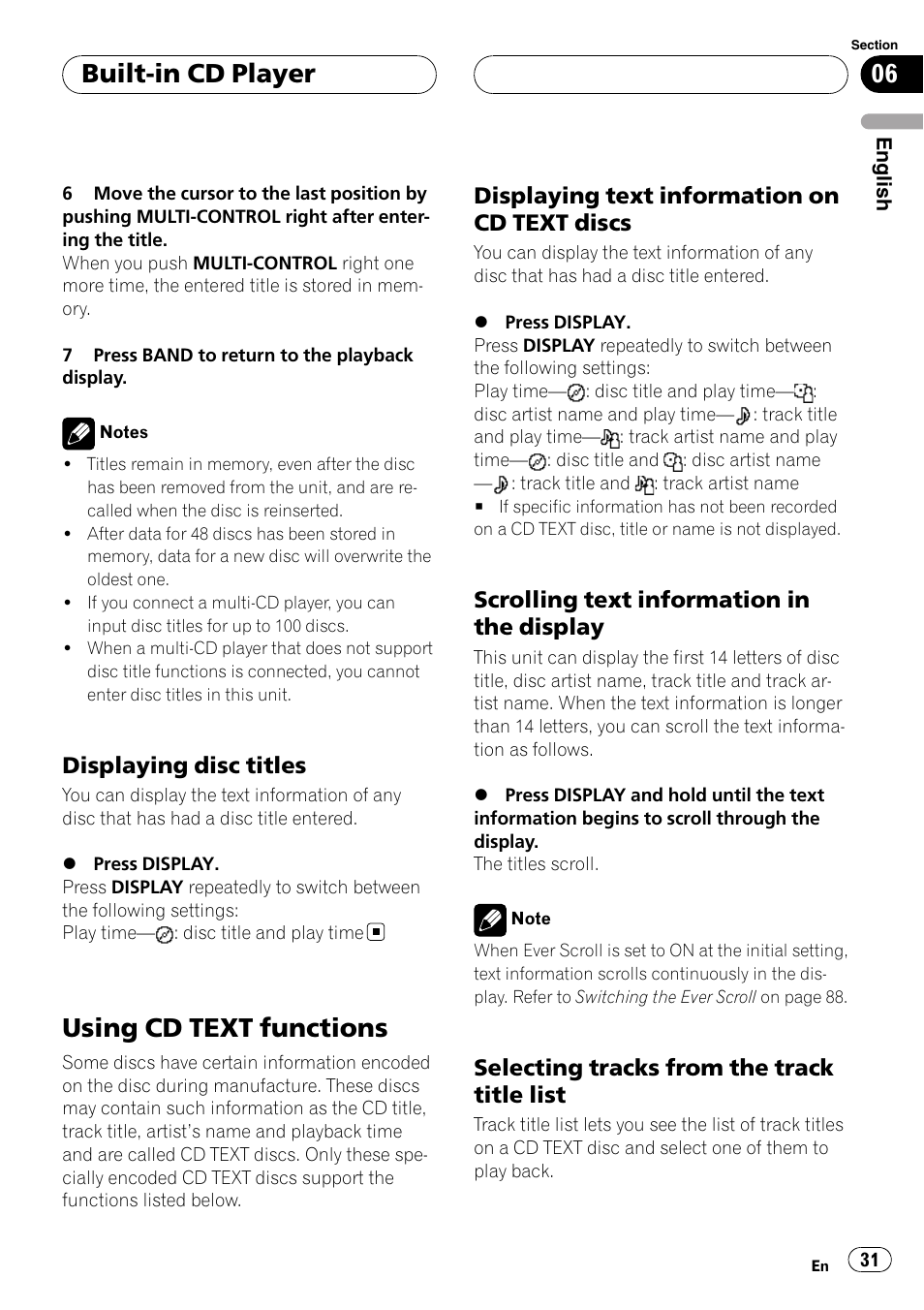 Displaying disc titles 31, Using cd text functions, Displaying text information on cd text | Discs, Scrolling text information in the, Display, Selecting tracks from the track title, List, Built-in cd player, Displaying disc titles | Pioneer DEH-P75BT User Manual | Page 31 / 207