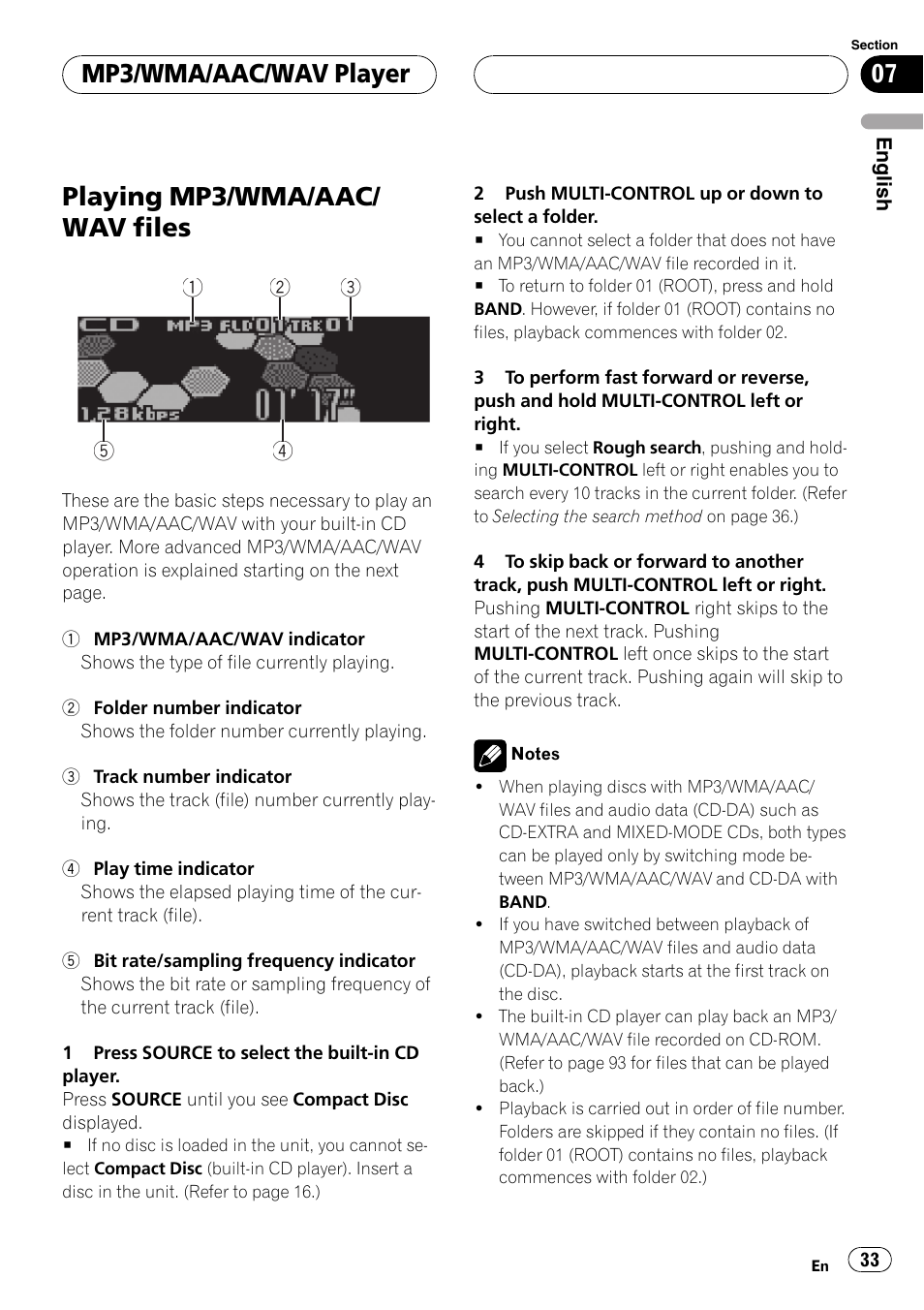 Playing mp3/wma/aac/ wav files, Mp3/wma/aac/wav player | Pioneer DEH-P75BT User Manual | Page 33 / 207