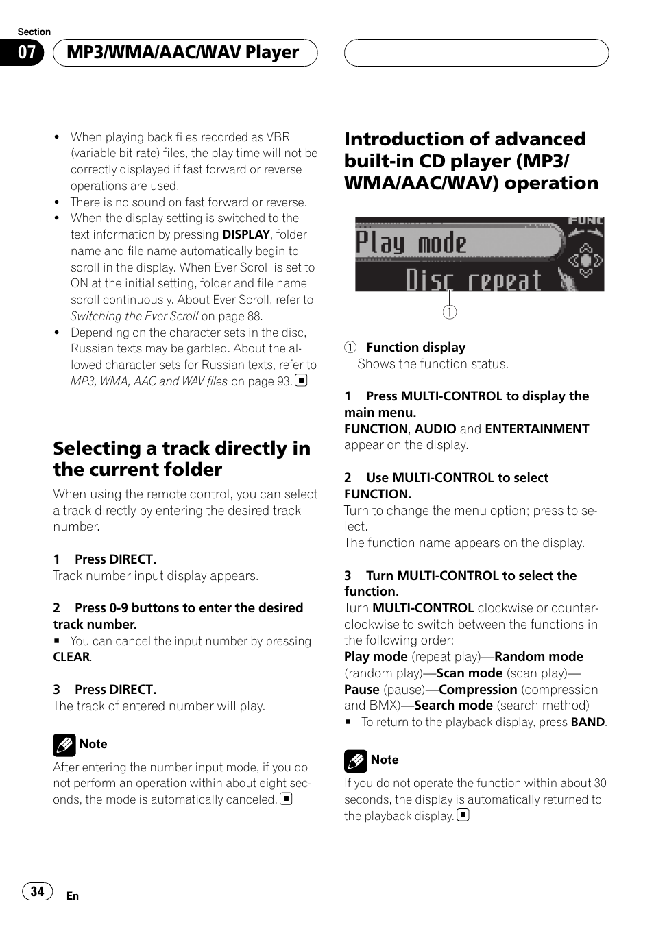 Selecting a track directly in the current, Folder, Introduction of advanced built-in cd player | Mp3/wma/aac/wav) operation, Selecting a track directly in the current folder, Mp3/wma/aac/wav player | Pioneer DEH-P75BT User Manual | Page 34 / 207