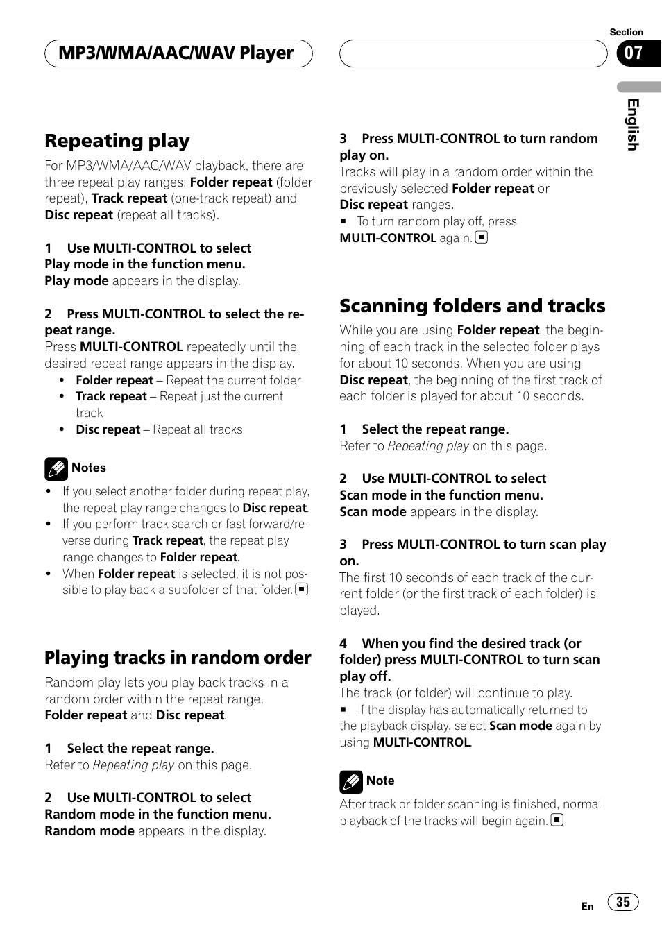 Repeating play, Playing tracks in random order, Scanning folders and tracks | Mp3/wma/aac/wav player | Pioneer DEH-P75BT User Manual | Page 35 / 207