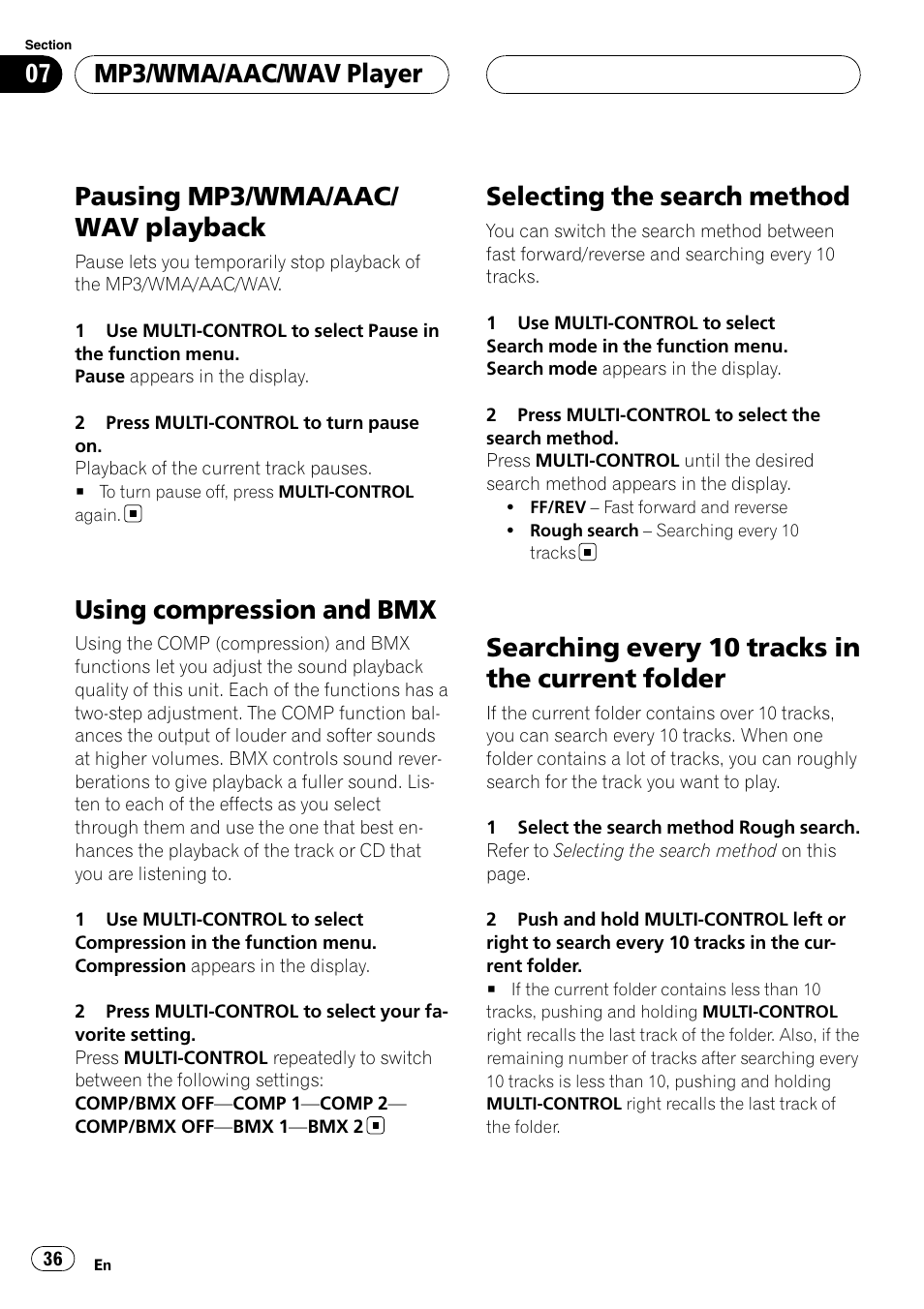 Pausing mp3/wma/aac/wav playback, Using compression and bmx, Selecting the search method | Searching every 10 tracks in the current, Folder, Pausing mp3/wma/aac/ wav playback, Searching every 10 tracks in the current folder, Mp3/wma/aac/wav player | Pioneer DEH-P75BT User Manual | Page 36 / 207
