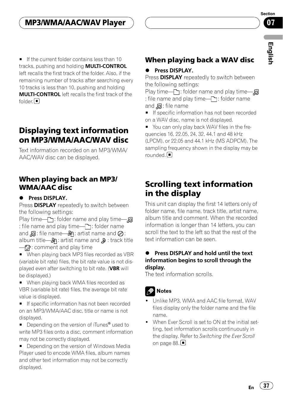 Displaying text information on mp3/wma, Aac/wav disc, When playing back an mp3/wma/aac | Disc, When playing back a wav disc 37, Scrolling text information in the display, Mp3/wma/aac/wav player, When playing back an mp3/ wma/aac disc, When playing back a wav disc | Pioneer DEH-P75BT User Manual | Page 37 / 207