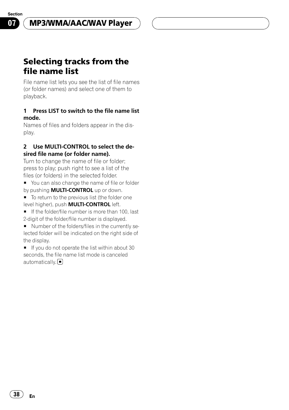 Selecting tracks from the file name list, Mp3/wma/aac/wav player | Pioneer DEH-P75BT User Manual | Page 38 / 207