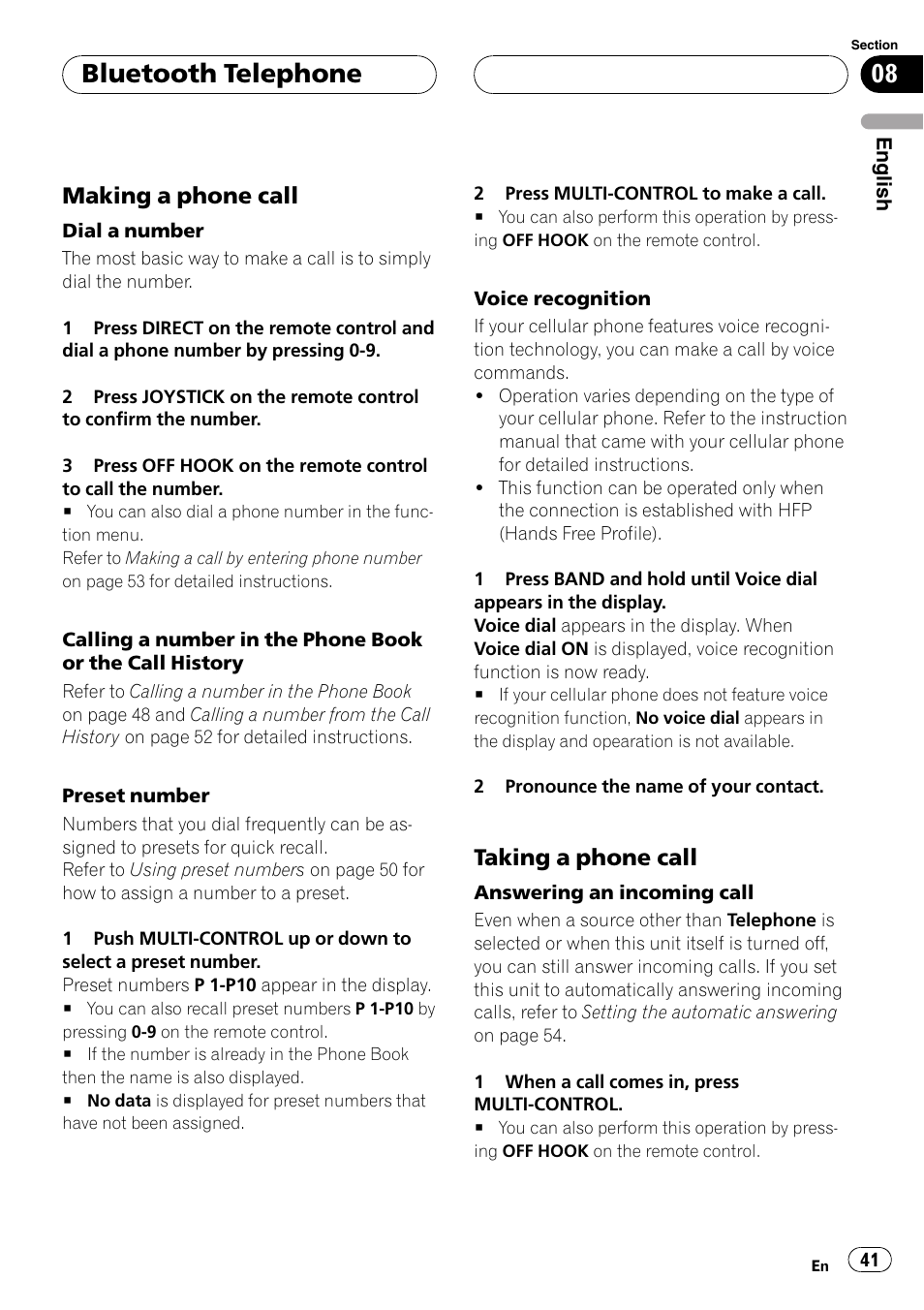 Making a phone call 41, Taking a phone call 41, Bluetooth telephone | Making a phone call, Taking a phone call | Pioneer DEH-P75BT User Manual | Page 41 / 207