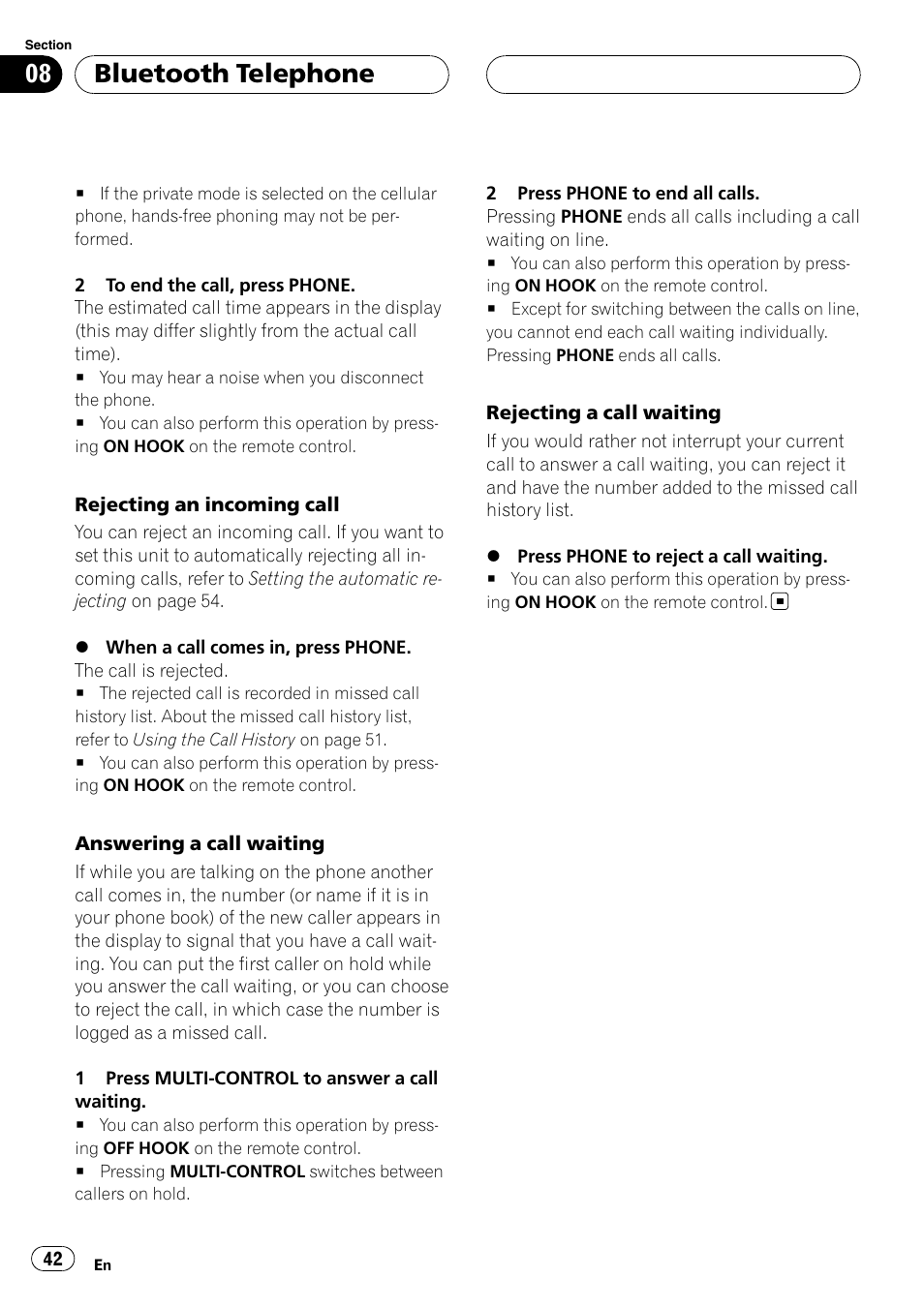 Bluetooth telephone | Pioneer DEH-P75BT User Manual | Page 42 / 207