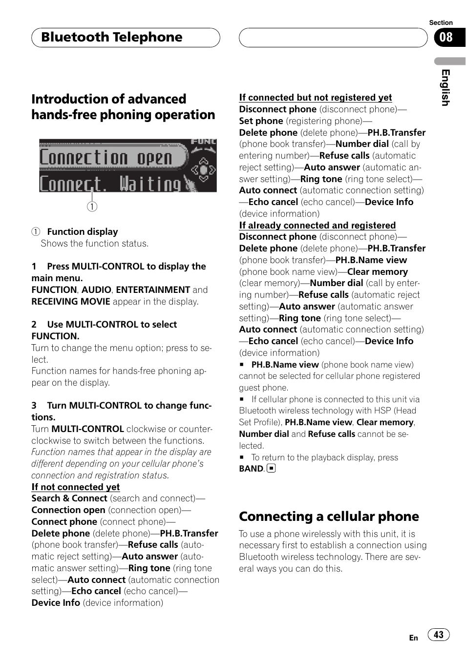 Introduction of advanced hands-free phoning, Operation, Connecting a cellular phone | Bluetooth telephone | Pioneer DEH-P75BT User Manual | Page 43 / 207