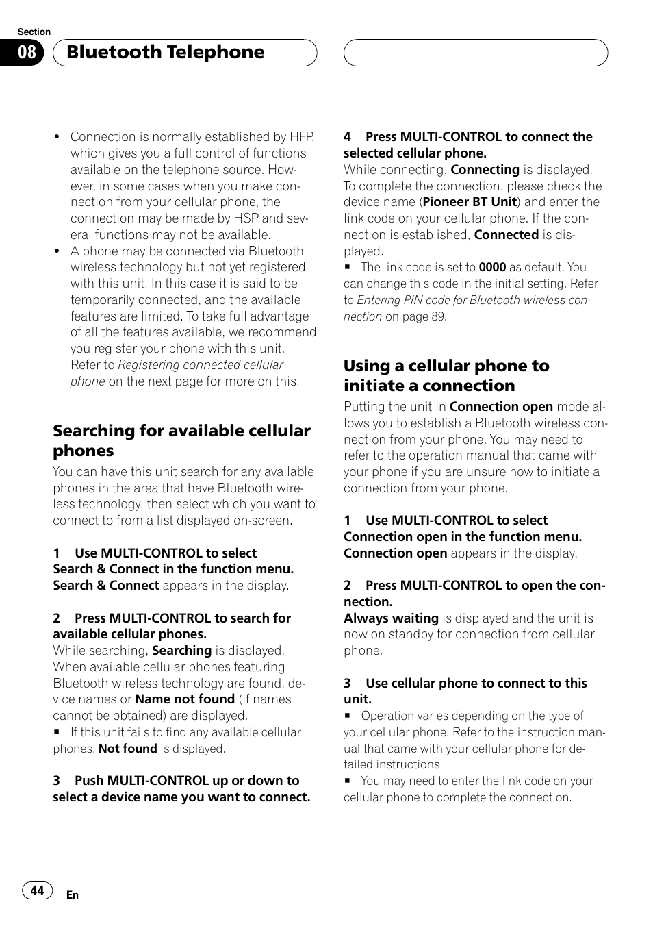 Searching for available cellular, Phones, Using a cellular phone to initiate a | Connection, Bluetooth telephone, Searching for available cellular phones, Using a cellular phone to initiate a connection | Pioneer DEH-P75BT User Manual | Page 44 / 207