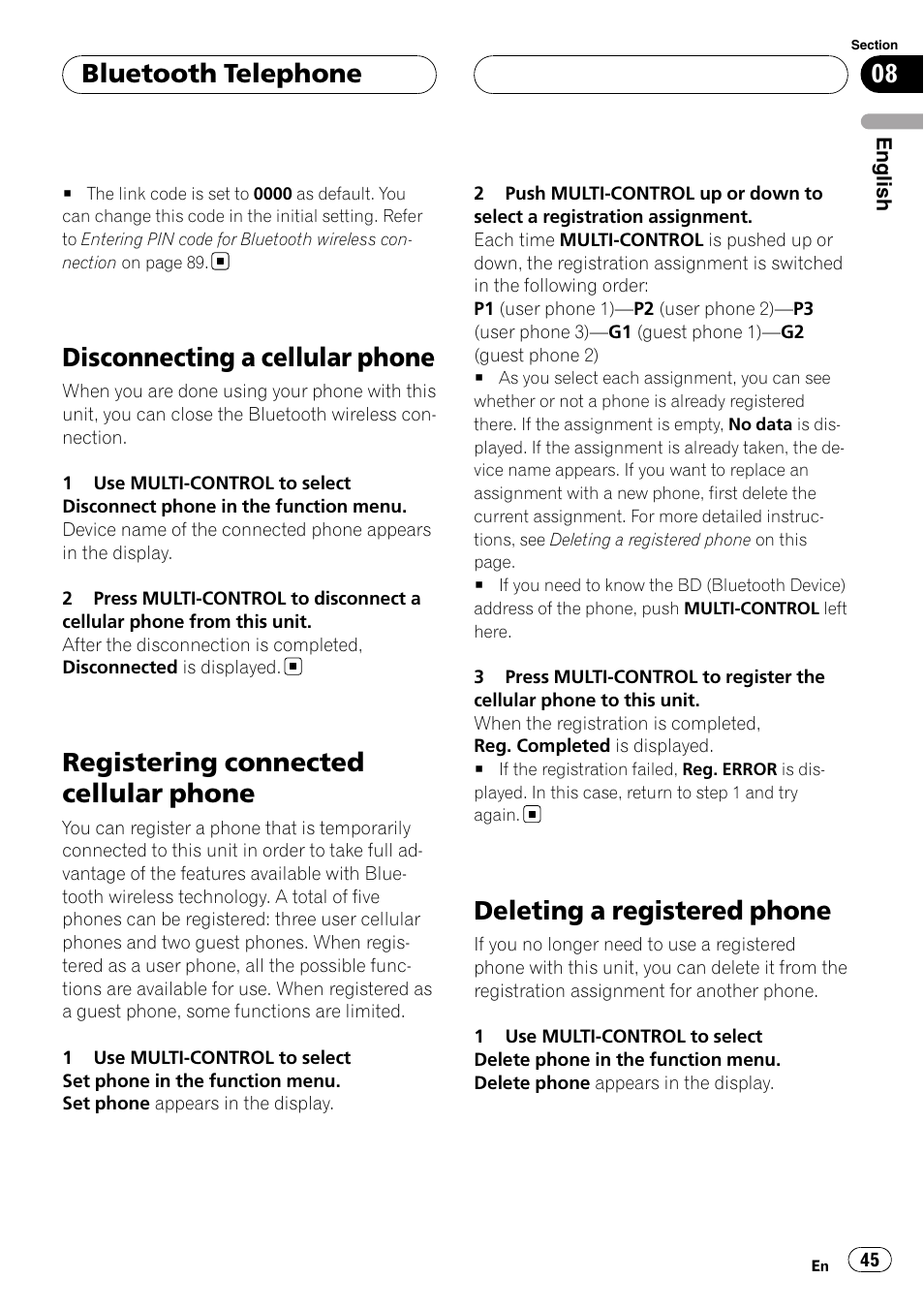 Disconnecting a cellular phone, Registering connected cellular phone, Deleting a registered phone | Bluetooth telephone | Pioneer DEH-P75BT User Manual | Page 45 / 207