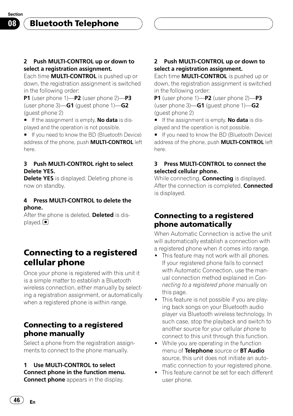 Connecting to a registered cellular, Phone, Connecting to a registered phone | Manually, Automatically, Connecting to a registered cellular phone, Bluetooth telephone, Connecting to a registered phone manually, Connecting to a registered phone automatically | Pioneer DEH-P75BT User Manual | Page 46 / 207