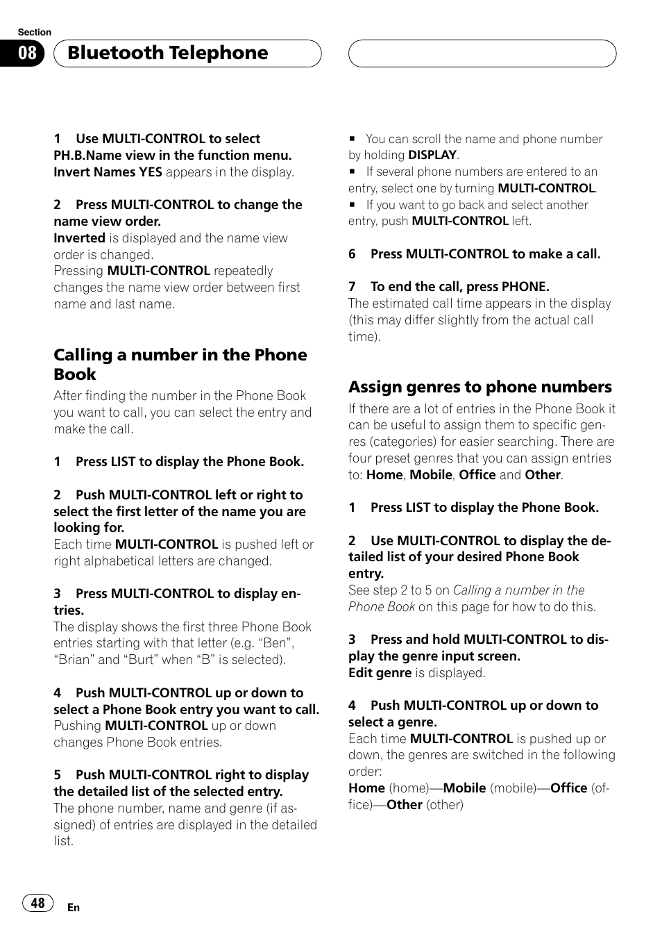 Calling a number in the phone, Book, Assign genres to phone numbers 48 | Bluetooth telephone, Calling a number in the phone book, Assign genres to phone numbers | Pioneer DEH-P75BT User Manual | Page 48 / 207