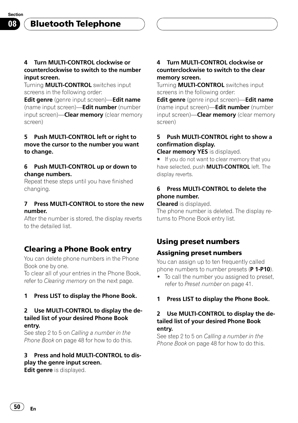Clearing a phone book entry 50, Using preset numbers 50, Bluetooth telephone | Clearing a phone book entry, Using preset numbers | Pioneer DEH-P75BT User Manual | Page 50 / 207