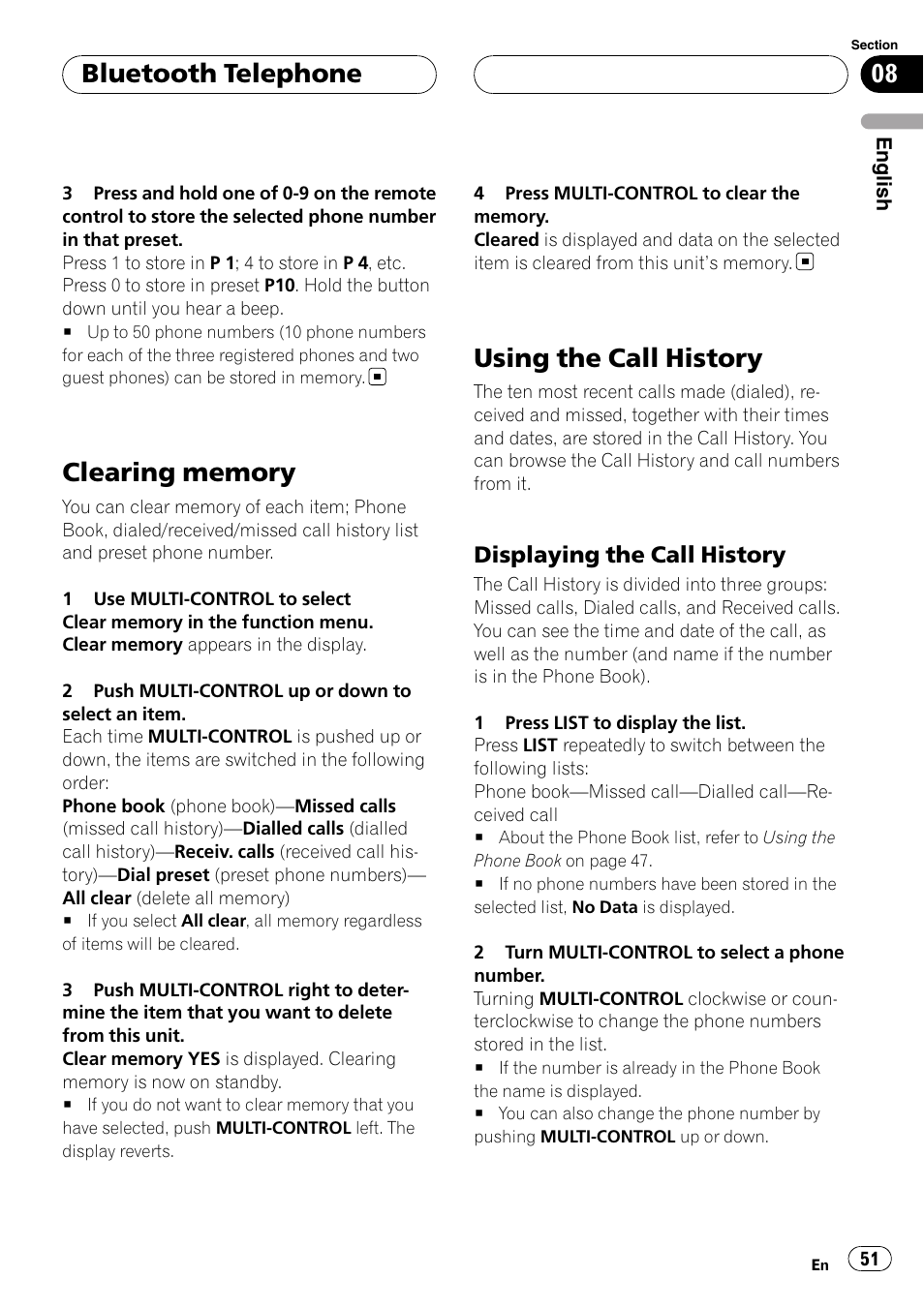 Clearing memory, Using the call history, Displaying the call history 51 | Bluetooth telephone, Displaying the call history | Pioneer DEH-P75BT User Manual | Page 51 / 207
