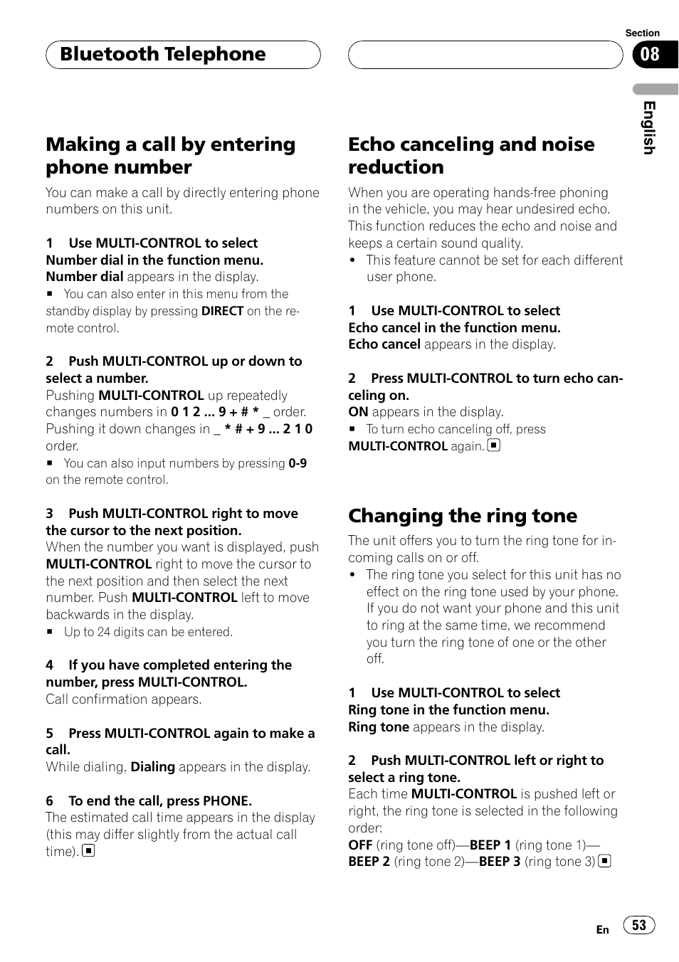 Making a call by entering phone number, Echo canceling and noise reduction, Changing the ring tone | Bluetooth telephone | Pioneer DEH-P75BT User Manual | Page 53 / 207