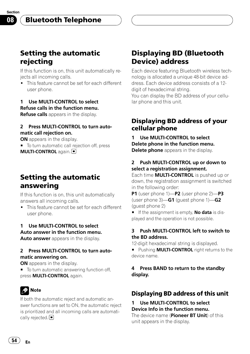 Setting the automatic rejecting, Setting the automatic answering, Displaying bd (bluetooth device) | Address, Displaying bd address of your cellular, Phone, Displaying bd address of this unit 54, Displaying bd (bluetooth device) address, Bluetooth telephone | Pioneer DEH-P75BT User Manual | Page 54 / 207