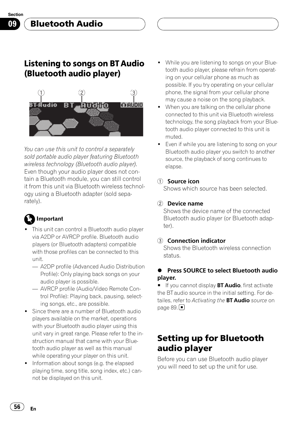 Audio player), Setting up for bluetooth audio player, Bluetooth audio | Pioneer DEH-P75BT User Manual | Page 56 / 207