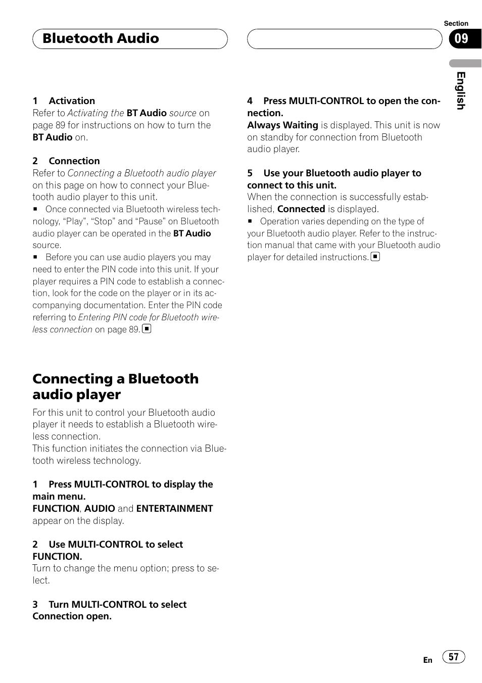 Connecting a bluetooth audio player, Bluetooth audio | Pioneer DEH-P75BT User Manual | Page 57 / 207