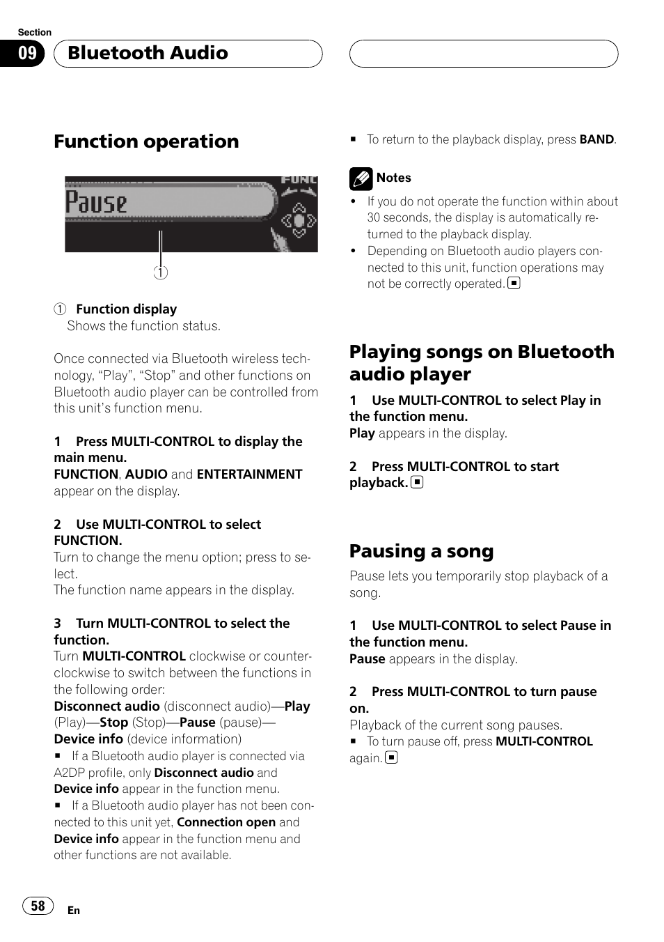 Function operation, Playing songs on bluetooth audio player, Pausing a song | Bluetooth audio | Pioneer DEH-P75BT User Manual | Page 58 / 207