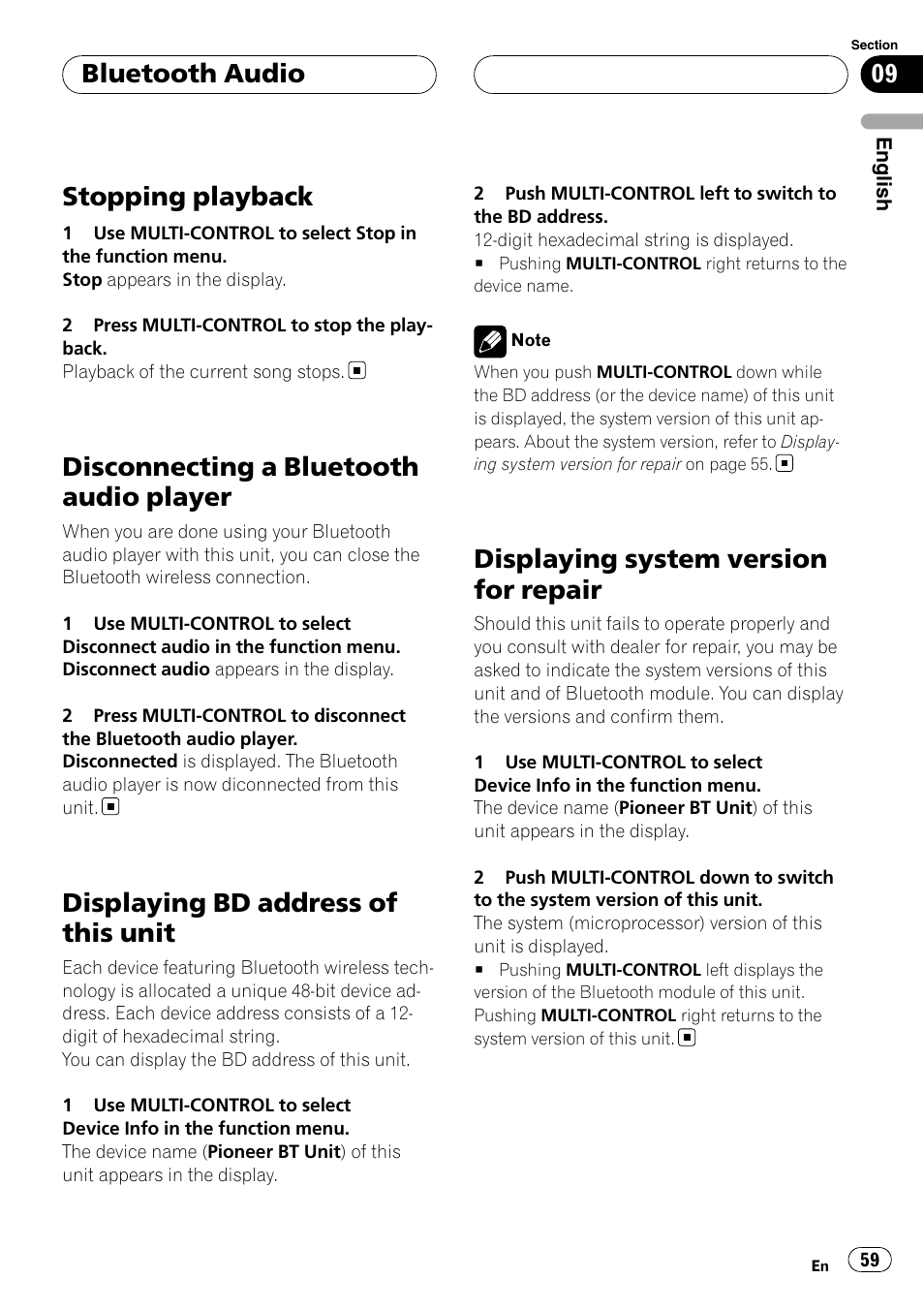 Stopping playback, Disconnecting a bluetooth audio player, Displaying bd address of this unit | Displaying system version for repair, Bluetooth audio | Pioneer DEH-P75BT User Manual | Page 59 / 207