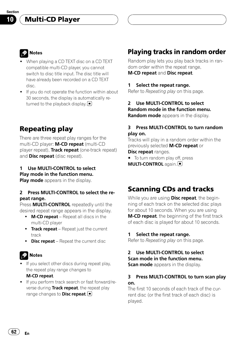 Repeating play, Playing tracks in random order, Scanning cds and tracks | Multi-cd player | Pioneer DEH-P75BT User Manual | Page 62 / 207