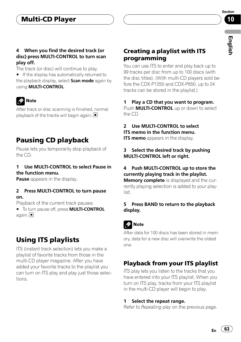 Pausing cd playback, Using its playlists, Creating a playlist with its | Programming, Playback from your its playlist 63, Multi-cd player, Creating a playlist with its programming, Playback from your its playlist | Pioneer DEH-P75BT User Manual | Page 63 / 207