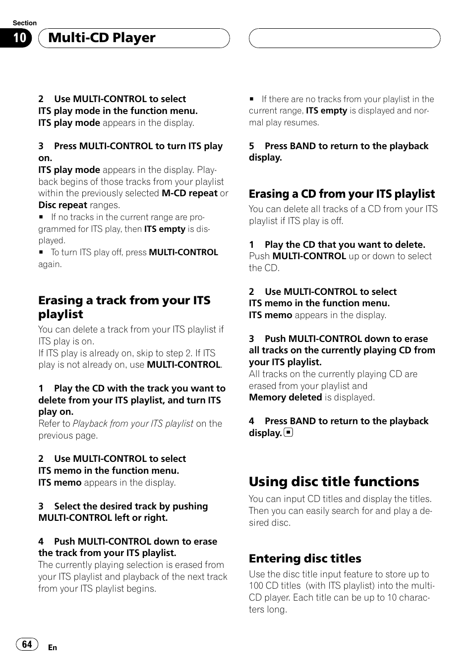 Erasing a track from your its, Playlist, Erasing a cd from your its playlist 64 | Using disc title functions, Entering disc titles 64, Multi-cd player, Erasing a track from your its playlist, Erasing a cd from your its playlist, Entering disc titles | Pioneer DEH-P75BT User Manual | Page 64 / 207