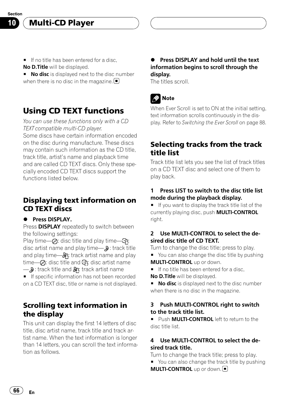 Using cd text functions, Displaying text information on cd text, Discs | Scrolling text information in the, Display, Selecting tracks from the track title, List, Multi-cd player, Displaying text information on cd text discs, Scrolling text information in the display | Pioneer DEH-P75BT User Manual | Page 66 / 207