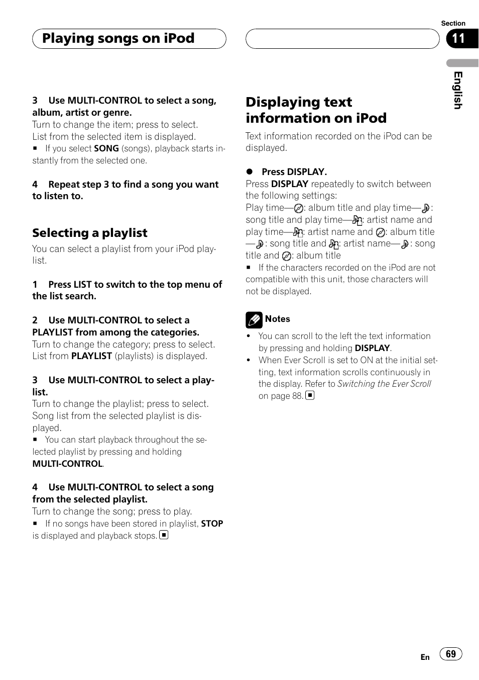 Selecting a playlist 69, Displaying text information on ipod, Playing songs on ipod | Selecting a playlist | Pioneer DEH-P75BT User Manual | Page 69 / 207