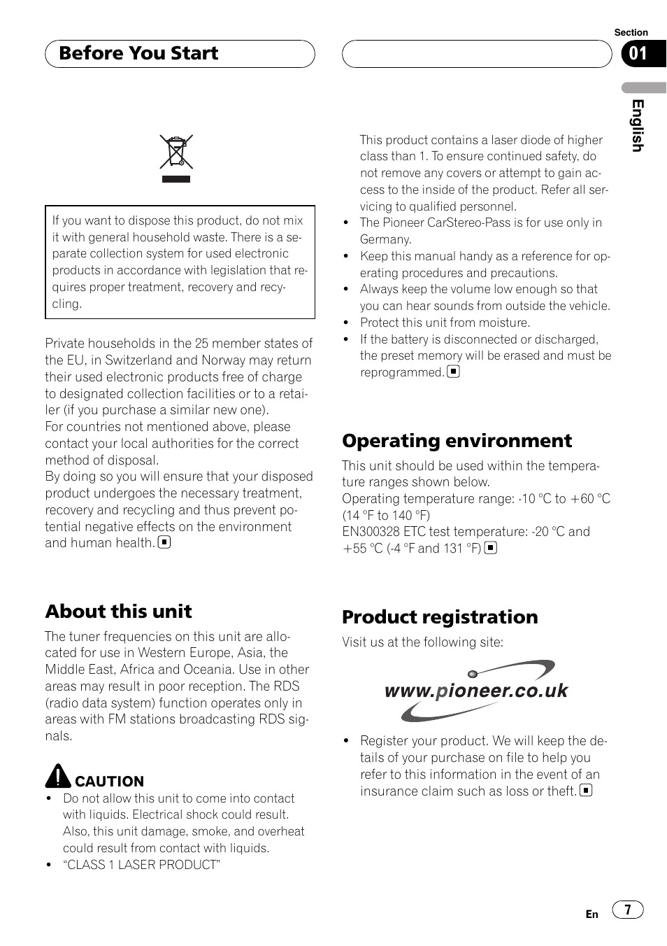 Before you start, About this unit, Operating environment | Product registration | Pioneer DEH-P75BT User Manual | Page 7 / 207