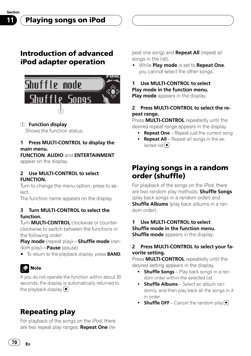 Introduction of advanced ipod adapter, Operation, Repeating play | Playing songs in a random order, Shuffle), Introduction of advanced ipod adapter operation, Playing songs in a random order (shuffle), Playing songs on ipod | Pioneer DEH-P75BT User Manual | Page 70 / 207