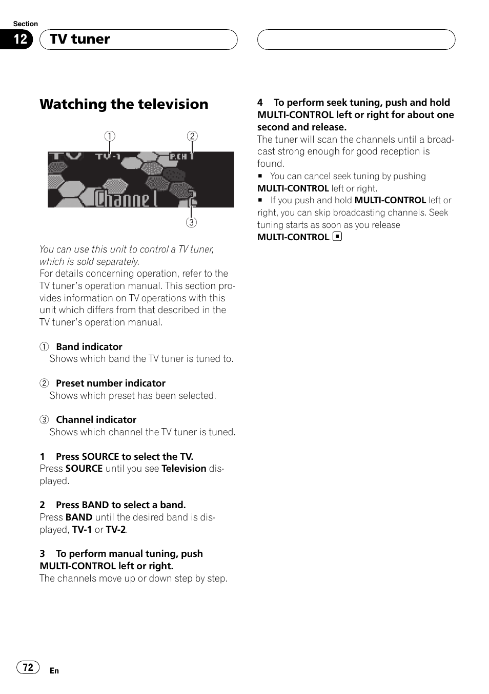 Tv tuner watching the television, Watching the television, Tv tuner | Pioneer DEH-P75BT User Manual | Page 72 / 207