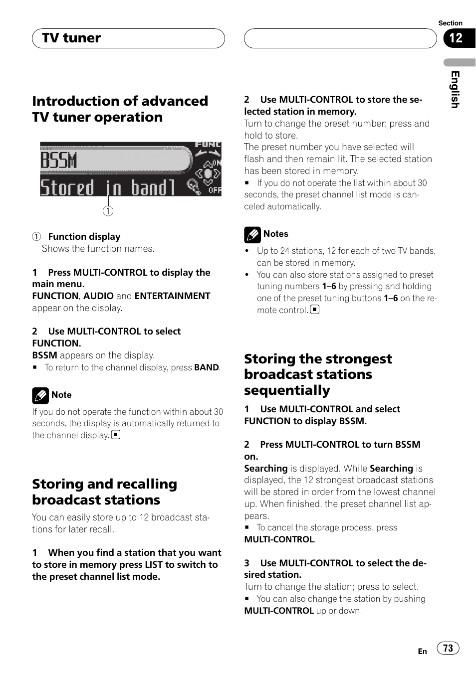 Introduction of advanced tv tuner, Operation, Storing and recalling broadcast stations | Storing the strongest broadcast stations, Sequentially, Introduction of advanced tv tuner operation, Tv tuner | Pioneer DEH-P75BT User Manual | Page 73 / 207
